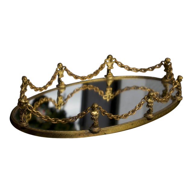 Vintage Gold Ormolu Vanity Tray With Busts and Chain For Sale