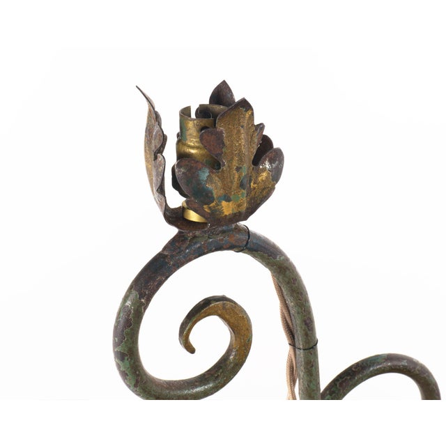 Antique French Polychrome Wrought Iron 2-Arm Table Lamp, 1920s For Sale - Image 3 of 7