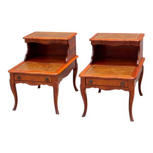 Pair of 1970s Mid-Century Modern Two-Tier Side Tables With Leather Tops & Drawers