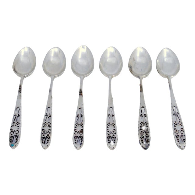 Silver Coffee Spoons with Filigree Cut Handles, Set of 6 For Sale