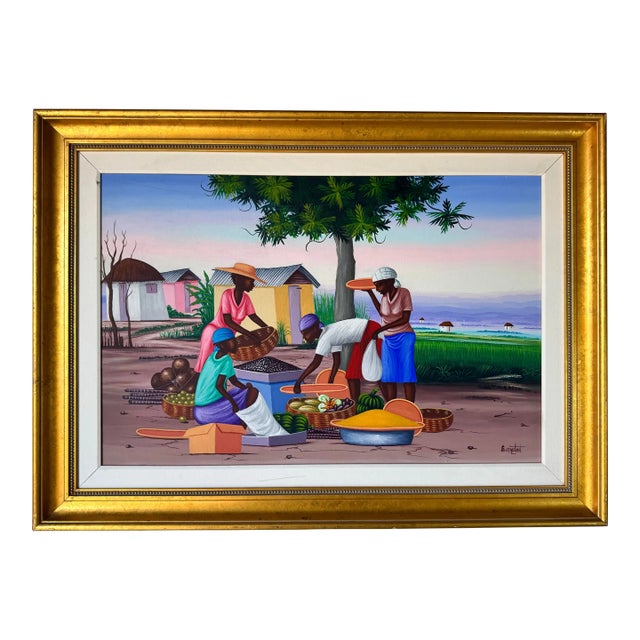 Vintage E. Constant Haitian Market by the Bay Oil on Canvas Painting For Sale