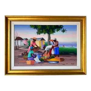 Vintage E. Constant Haitian Market by the Bay Oil on Canvas Painting
