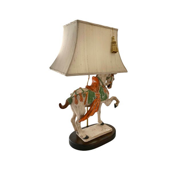 Late 20th Horse Lamp Vintage Large Asian Pottery Tang Horse on Wooden Base for Oriental Decor For Sale - Image 9 of 11