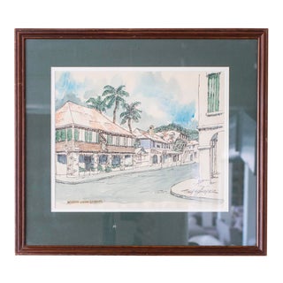 1990s "St. Croix Virgin Islands" Tropical Street Scene Drawing, Framed For Sale
