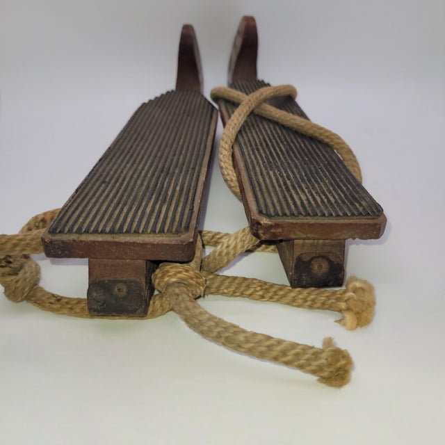 Brown Antique Wooden Ice Skates Primitive Rustic Winter Holiday Decor Jute Rope Pair For Sale - Image 8 of 11