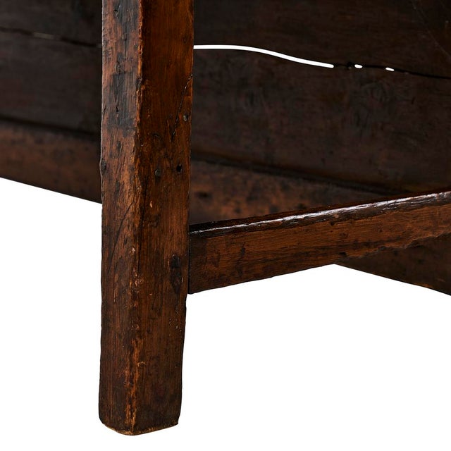19th Century Wood Bench with Schumacher Zanzibar Linen Print Cushion For Sale - Image 10 of 13