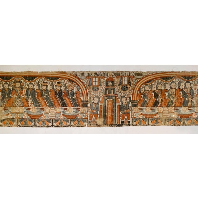Linen Antique Painted Swedish Folk Art Linen Bonad Depticing Ahasuerus’ Banquet, Book of Esther For Sale - Image 8 of 12