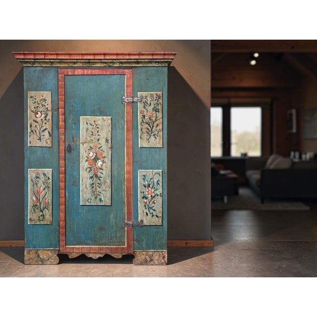 Alpine Blue Floral Painted Cupboard For Sale - Image 6 of 18