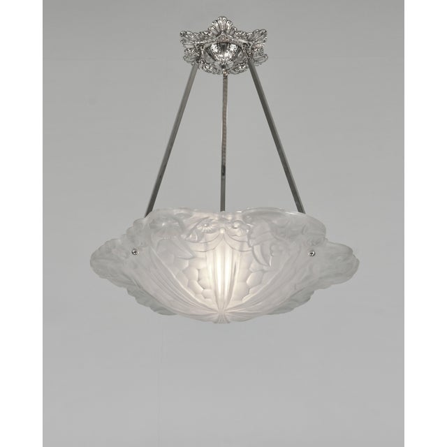 Degué A very large and rare nickel-plated bronze or solid brass French art deco pendant light made around 1930. It holds a...