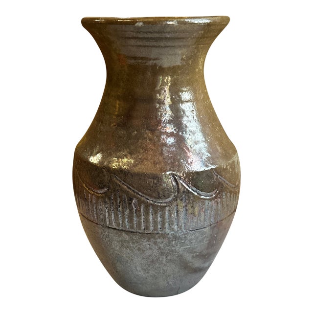 Vintage Hand Made Brown Ceramic Detailed Pottery Vase For Sale
