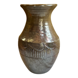 Vintage Hand Made Brown Ceramic Detailed Pottery Vase