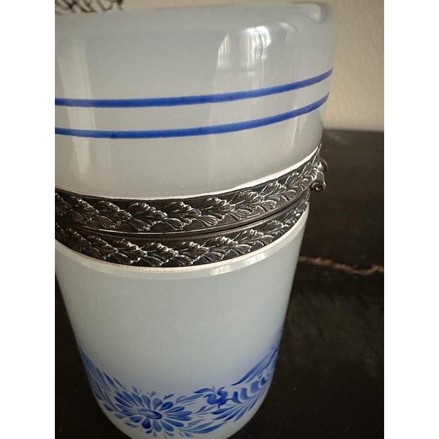 Paint Light Grey Opaline Glass Box with Blue Floral Enamel Decoration, 1890s For Sale - Image 7 of 18