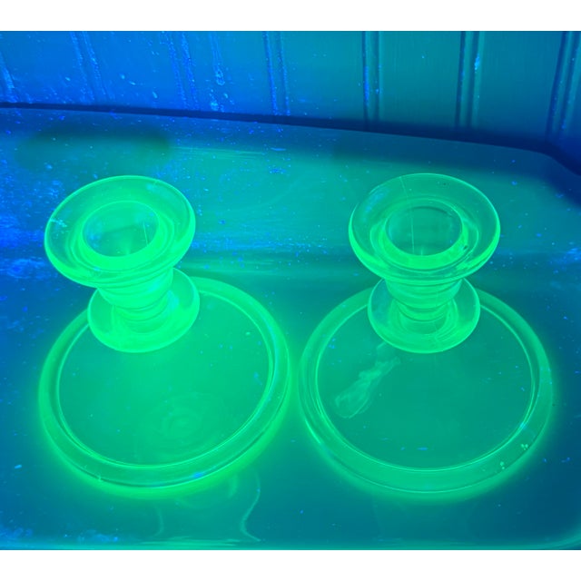 Vintage Green Uranium Glass Candlestick Holders Pair 1930s Depression Glass For Sale - Image 10 of 12