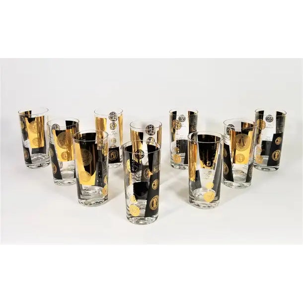 1960s Mid Century Cera 22-karat gold signed glassware barware. Gold and black coin design. Perfect addition to any home...