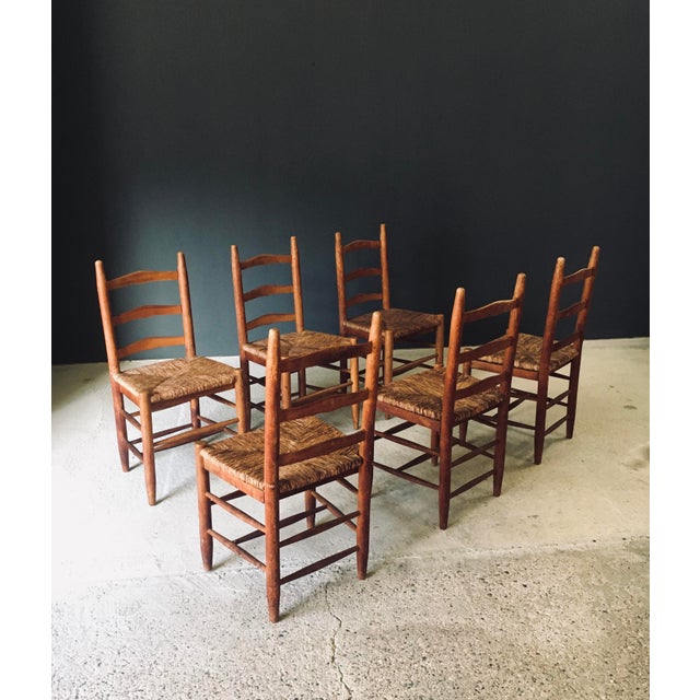 1950s Low Rustic Ladder Back Dining Chairs in Oak and Rush, Belgium, 1950s, Set of 6 For Sale - Image 5 of 18