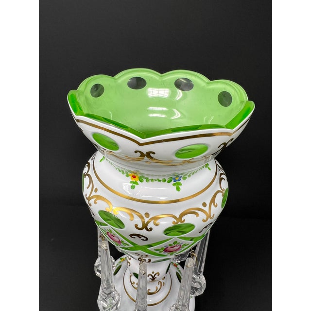 Mid 20th Century Vintage Bohemian Czech Green Overlay Luster Vase With Crystal Prisms, Hand-Painted Roses, Hollywood Regency Mantel Decor For Sale - Image 5 of 7