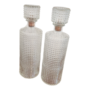 Pair of Mid-Century Diamond Point Glass Decanters With Stoppers – 1960s Wheaton Style Barware
