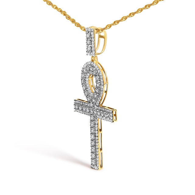 Haus of Brilliance Men's 10K Yellow Gold 1.00 Cttw Diamond Ankh Cross Pendant Necklace For Sale - Image 4 of 4