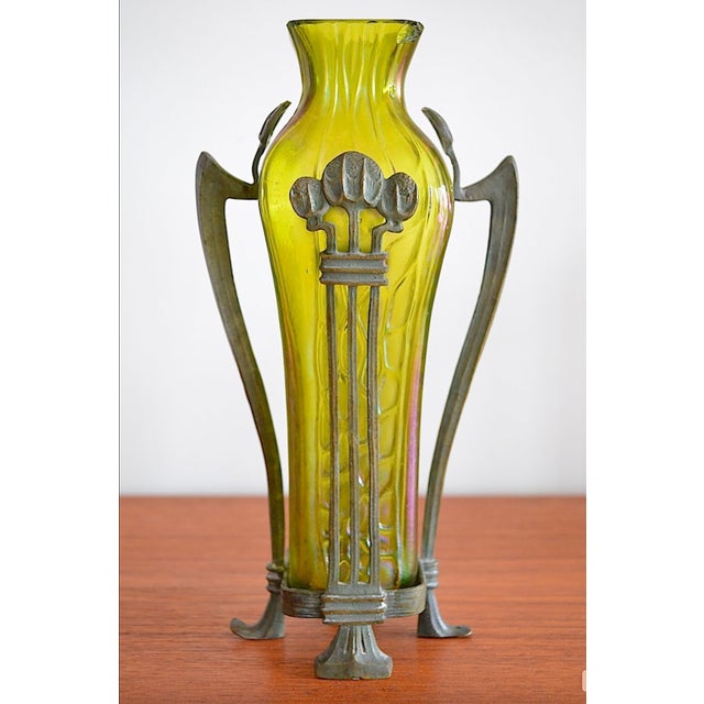 Art Nouveau Glass Vase with Bronze Holder attributed to Johann Lötz Witwe, 1890s For Sale - Image 4 of 12