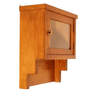Small Art Deco Beveled Crystal & Oak Wall Apothecary or Display Cabinet