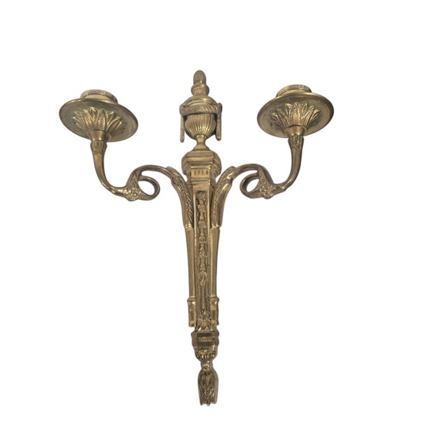 French Vintage Brass Louis XVI-Style Wall Candle Sconces With Ruby Glass Cups - Pair For Sale - Image 3 of 5