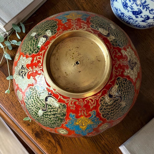 Vintage Indian Peacock Enamel Bowl With Brass Stand | Hand Painted Footed Decorative Bowl | Boho Maximalist Decor For Sale In Raleigh - Image 6 of 8