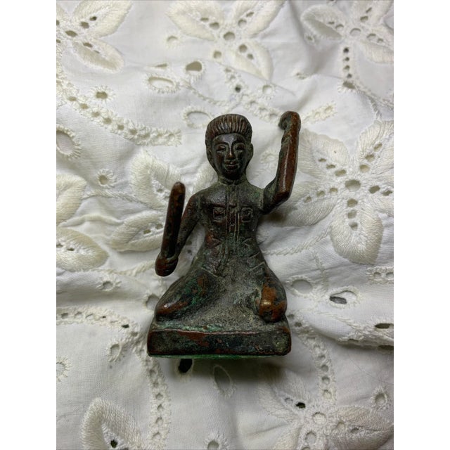 Charcoal Vintage Asian Bronze Drummer Figure Folk Art Figurine For Sale - Image 8 of 8