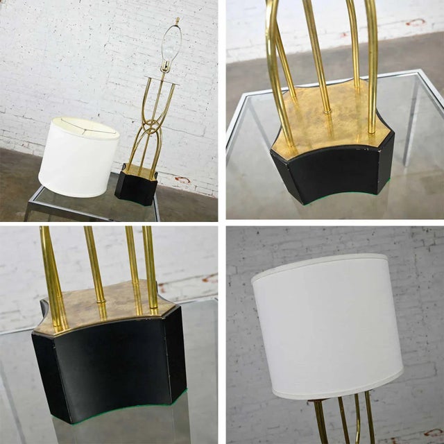 1960s Mid-Century Modern Table Lamp Brass Looped Tube Black Base White Drum Shade For Sale - Image 11 of 13