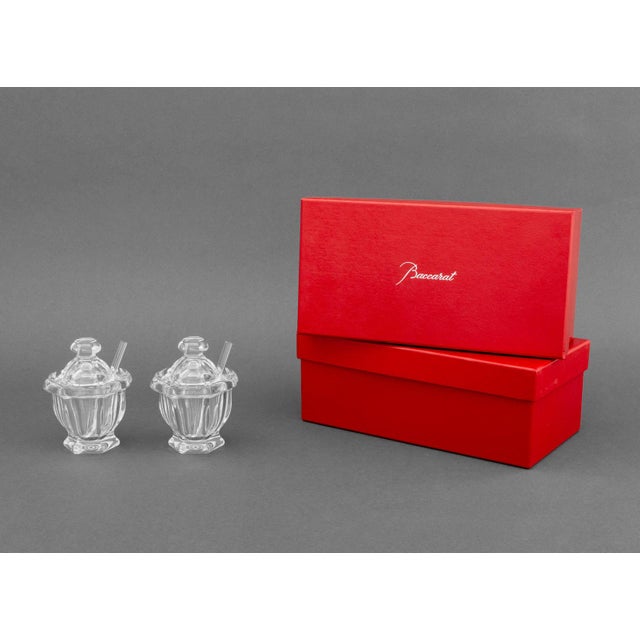 Pair of Baccarat Crystal Covered Mustard Jars, with spoon, acid-etched mark to underside, original fitted red boxes. Jar:...