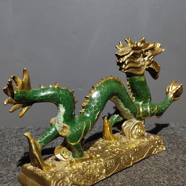 Traditional Vintage Cloisonne Enamel Dragon Figurine – 14.2" Gilt Sea Dragon With Pearl For Sale - Image 3 of 9