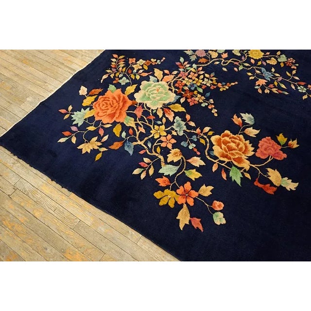 Textile 1930s Black Floral Spray Antique Chinese Art Deco Carpet 8'10" X 11'6" Handknotted Wool Rug For Sale - Image 7 of 13