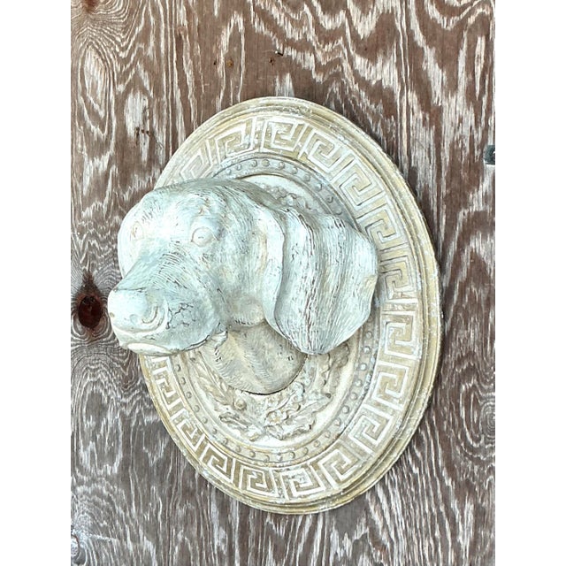 Off-white Vintage Boho Greek Key Carved Dog Wall Hanging For Sale - Image 8 of 8