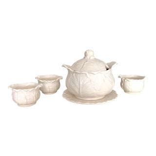 Vintage White Cabbage Leaf Ceramic Soup Tureen With Three Soup Bowls - 5 Pieces For Sale