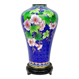 Vintage Tall Floral Cloisonné Vase With Stand