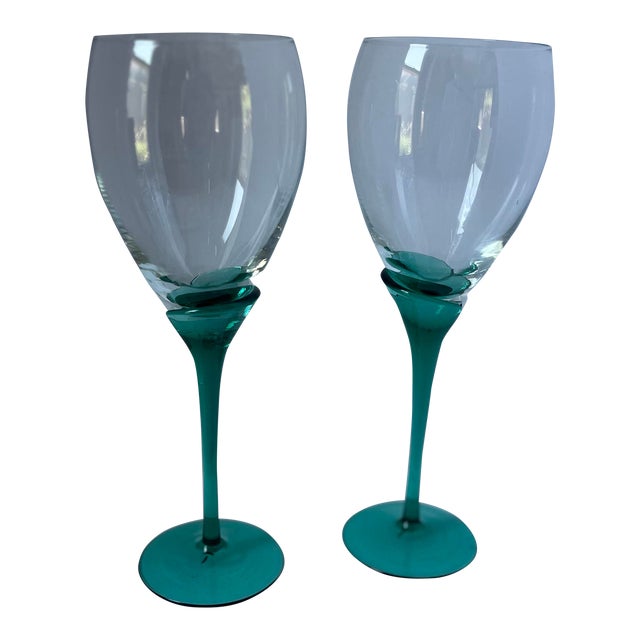 Pair of Italian Murano Style Teal Stem Art Glass Wine Goblets For Sale