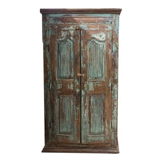 1920s Antique Shabby Chic Carved Accent Cabinet, Blue From India For Sale