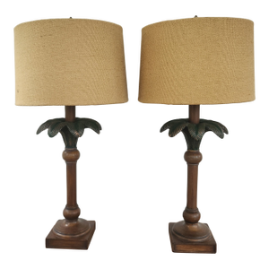 1980s Vintage Palm Leaf Table Lamps With Shades, a Pair