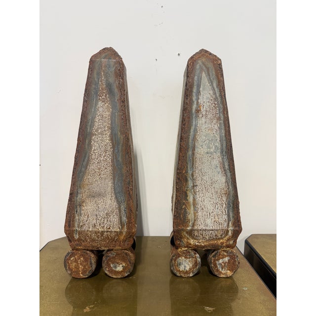 Industrial Pair, Vintage Distressed Tole Obelisk Form Sculptures For Sale - Image 3 of 8