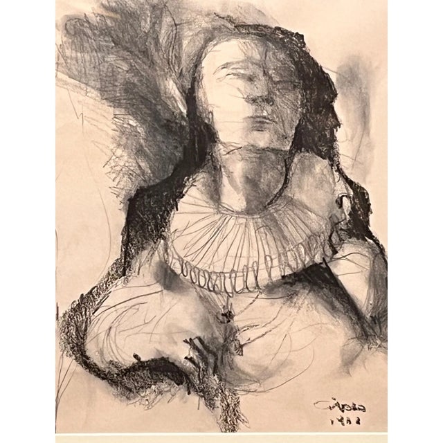 Iranian Artist Original Charcoal Drawing Signed 1362 1983 Framed Figure Art For Sale - Image 4 of 6