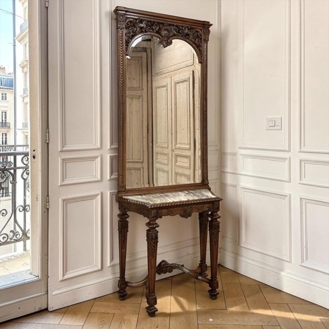 French 19th Century French Walnut Louis XIV Style Marble-Top Console & Beveled Mirror For Sale - Image 3 of 12