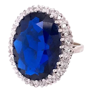 Vintage 14 Karat White Gold, Diamond, and Large Blue Topaz Cocktail Ring Size 6.75