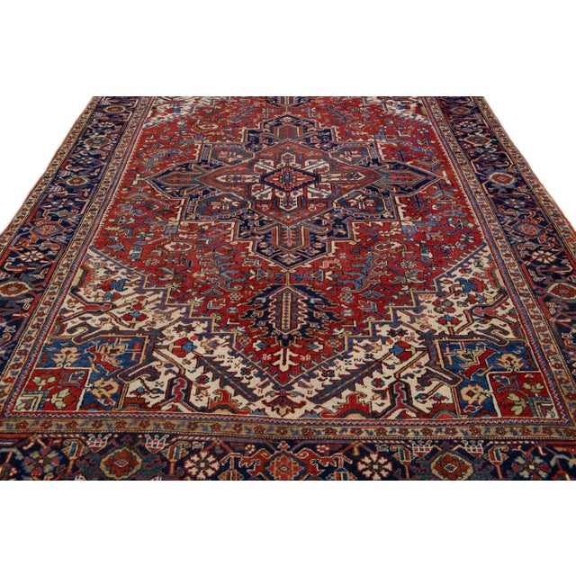 Persian Antique Heriz Red Handmade Persian Wool Rug With Multicolor Medallion Design For Sale - Image 3 of 11