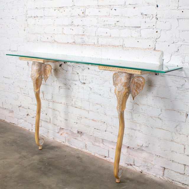 Late 20th Century Hollywood Regency Animalia Elephant Head Sconce Console Table W/Glass Top For Sale - Image 12 of 18