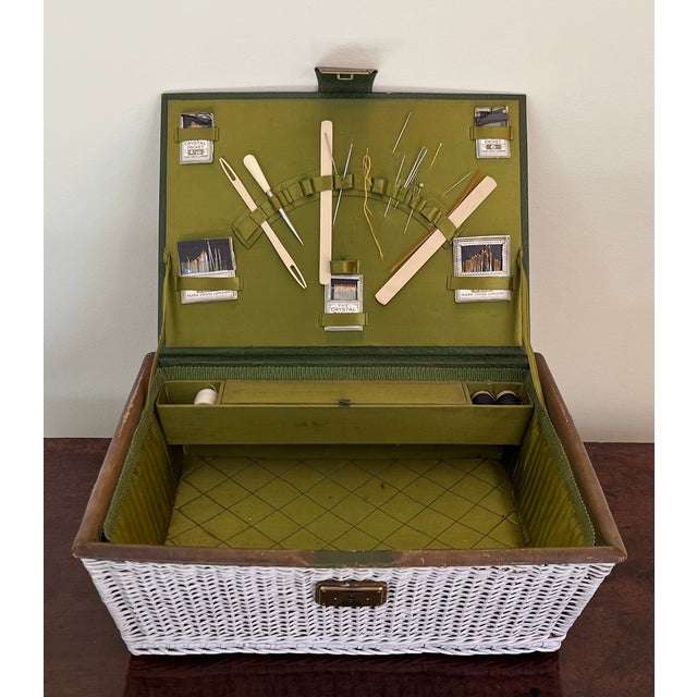 English Early 20th Century Mark Cross Leather and Wicker Basket Sewing Box With Silk Lining For Sale - Image 3 of 18
