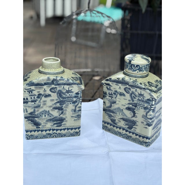 Ceramic Vintage Pair Blue&White Porcelain Jars : Vase Decanter Beautiful (One Lid) For Sale - Image 7 of 7