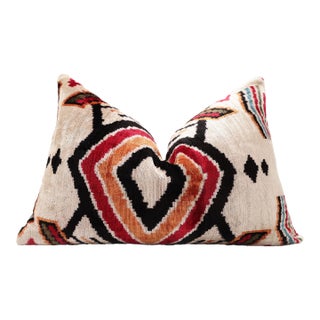 Hand-Knotted Tribal Geometric Silk Velvet Lumbar - 16x24 Red & Black For Sale