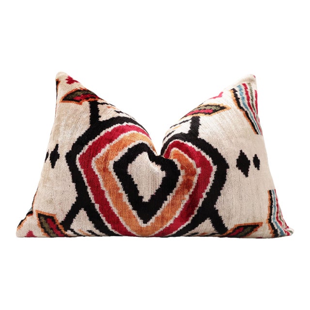 Hand-Knotted Tribal Geometric Silk Velvet Lumbar - 16x24 Red & Black For Sale