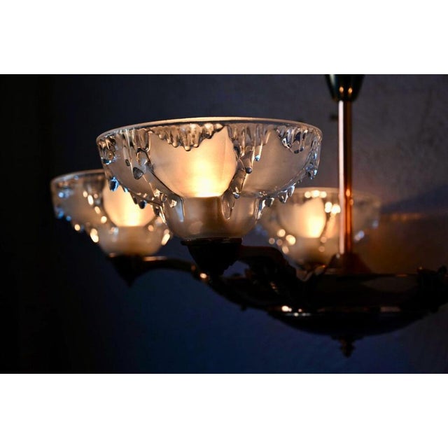 Large Art Deco Chandelier in Gilded Metal and Sandblasted Glass Ezan, France, 1930s For Sale - Image 14 of 18