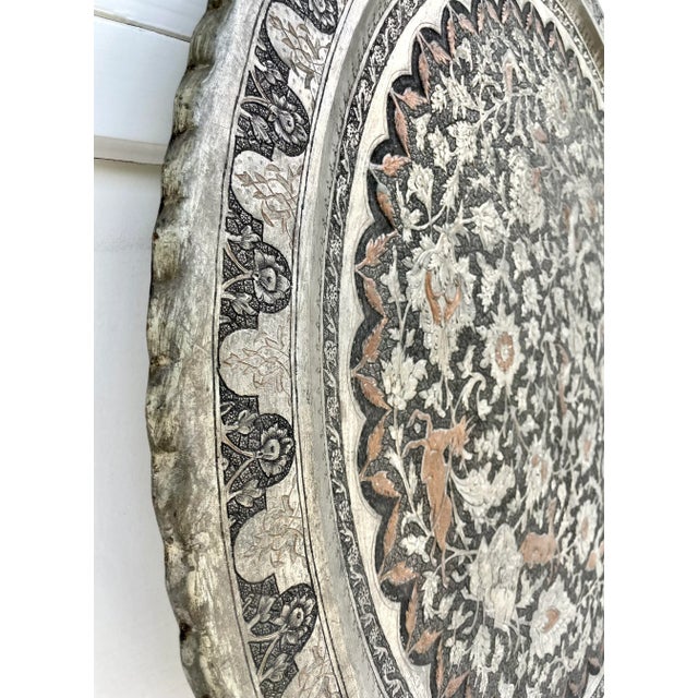 Silver Vintage Islamic Moroccan 34" Engraved Silver Copper Tray Table Top For Sale - Image 8 of 10