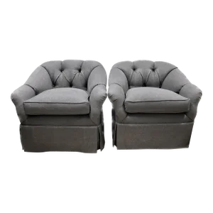 Pair of French Tufted Lounge Chairs With French Linen Fabric